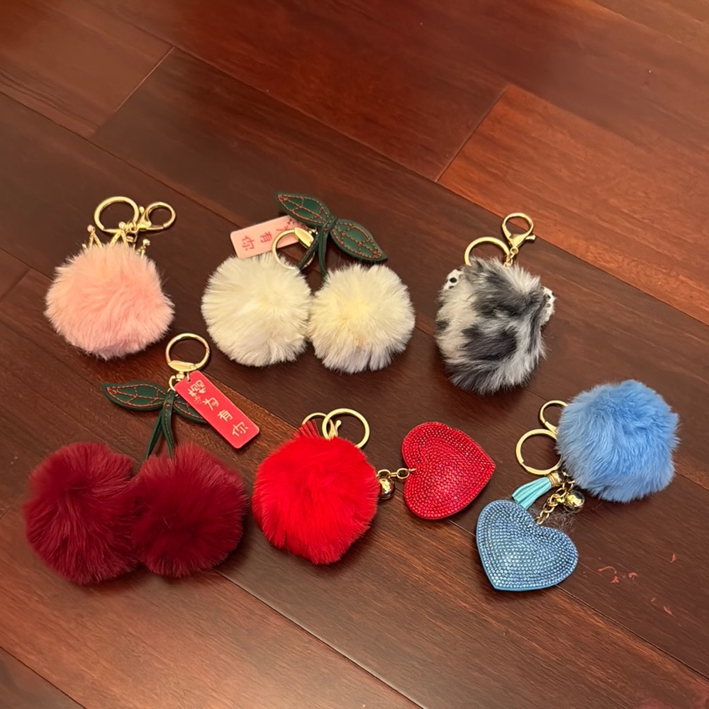 Colorful Pom Pom and Heart Keychains